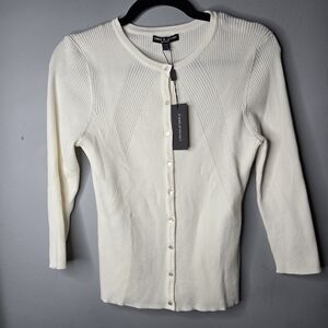 Cable & Gauge Petite Medium Ivory Ribbed Button Front Cardigan